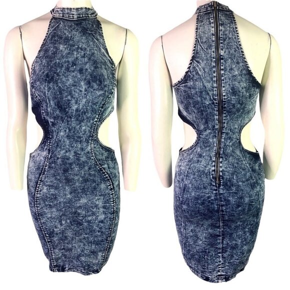 VIBRANT M.I.U PRETTY WOMAN VIVIAN MINI DRESS ACID WASH JEAN  SLEEVELESS BODYCON - Picture 1 of 14